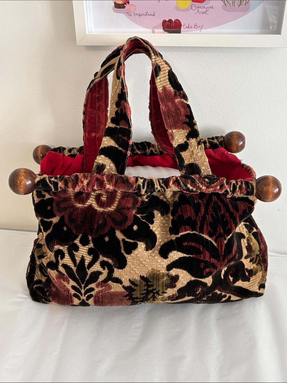 Vintage brocade satchel knitting hand bag wooden dowels brown burgundy beige